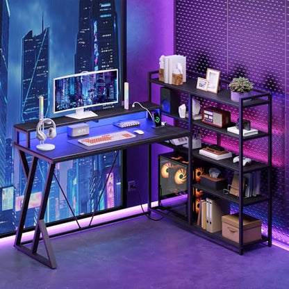 L Shaped Gaming Desk with Bookshelf, 52'' Reversible Computer Desk with LED Light & Power Outlet, Corner Desk with Storage Shelves and Monitor Stand for Home Office, Black