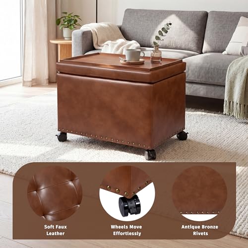 Homebeez Faux Leather Storage Ottoman with Wheels and Reversible Tray Top, 22” Tufted Rectangular Coffee Table with Hidden Storage, Nailhead Rolling Footrest for Living Room & Bedroom, Caramel Brown - color: Caramel Brown With Wheels