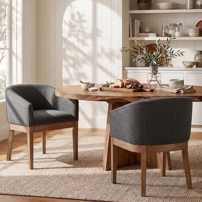 HNY Barrel Dining Chairs Set of 2, Mid Century Modern Upholstered Dining Chairs with Arms, Linen Kitchen & Dining Room Chairs, Solid Wood Frame Accent Chairs for Kitchen, Apartment, Charcoal Black - color: Charcoal,natural Lges, size: 2 Chairs