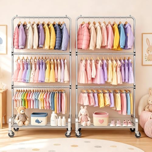 Heavy Duty Kids Clothing Rack Rolling Large Storage Capacity Dress Up Rack | with 2/3 Adjustable Rod & Bottom Shelf - Baby clothes rack baby Closet for Nursery Bedroom Organizer - color: Silver