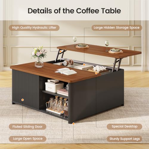 SEDETA 31.5" Lift Top Coffee Table with Storage, Square Coffee Tables for Living Room, Fluted Coffee Table with Large Hidden Storage Compartment and Adjustable Shelves, Fluted Black - color: Fluted Black
