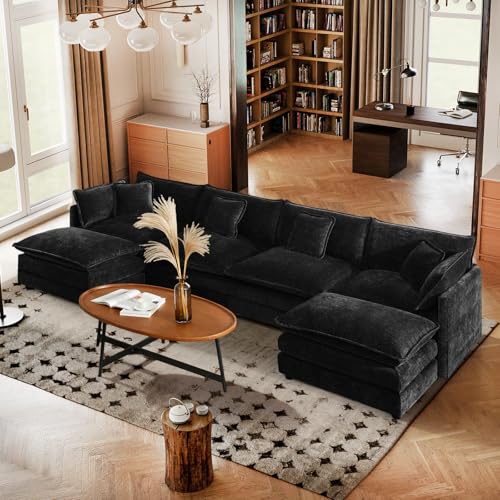 137" Chenille U Shaped Modular Sofa with Ottoman,Black | Randomly Assemble Modular Sofa Sets, Modern Recliner Deep Seat Sofa Set for Living Room,Office - color: Black, size: 4S+2O