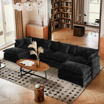 137" Chenille U Shaped Modular Sofa with Ottoman,Black | Randomly Assemble Modular Sofa Sets, Modern Recliner Deep Seat Sofa Set for Living Room,Office - color: Black, size: 4S+2O
