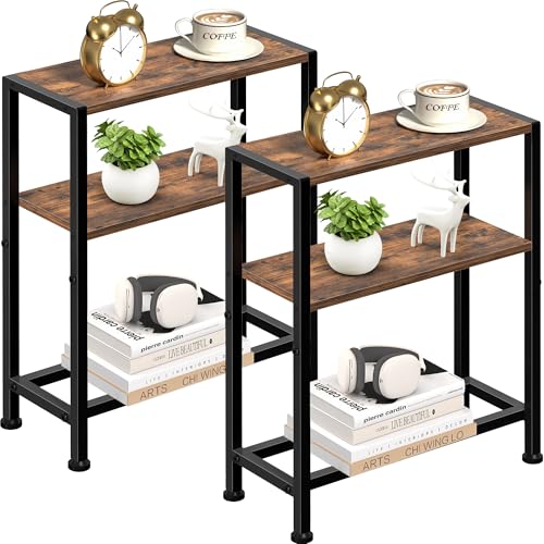 Narrow Side Table Set of 2 for Small Space, 2-Tier Small End Table with Shelf Holder, Slim Nightstand, Skinny Snack Couch Table in Living Room, Bedroom, Study, Kitchen and Balcony (Rustic Brown) - color: Rustic Brown