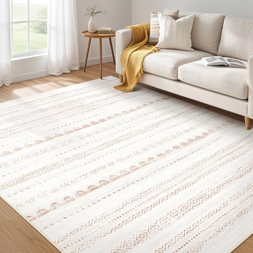 Nakagishi Boho 4x6 Area Rug Living Room Rugs Machine Washable Beige/Brown | Soft, Pet & Kid Friendly, Carpet for Living Room/Bedroom/Office/Kitchen/Nursery, Daily Home Decor Stain Resistant Moroccan - color: Beige Brown, size: 4' X 6' (Rectangular)