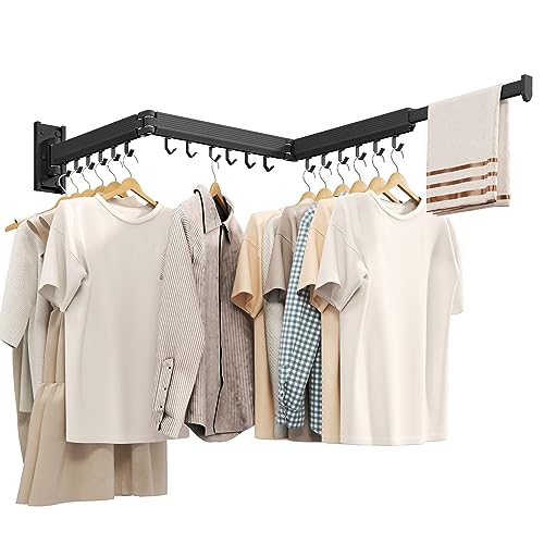 Wall Mounted Tri-Fold Clothes Drying Rack, Heavy Duty Collapsible Laundry Drying Rack, Space-Saving Retractable Foldable Drying Rack Clothes for Laundry Room Balcony Bathroom,Black-Hooks - style: Black-Hooks