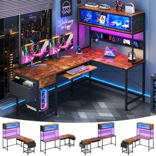 L Shaped Gaming Desk with Power Outlets & LED Lights, 49'' Reversible Computer Desk with Hutch & Pegboard & Display Cabinet, Corner Home Office Desk with Drawer & Keyboard Tray & Storage Bag, Rustic - color: Rustic, size: 49 Inch