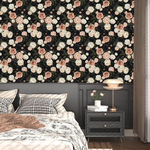 Dark Floral Rose Peel and Stick Wallpaper 17.5" x 118",Black/White | Self Adhesive/Removable/Waterproof/Thick Vinyl Contact Paper for Bathroom Bedroom Shelf Cabinet Drawer,Prepasted,Easy Peel - color: Pink&White, size: 118" x 17.5"