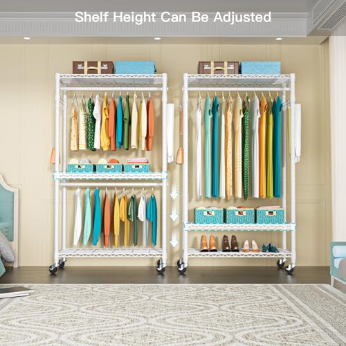 P1 Heavy Duty Garment Rack, 3 Tiers Adjustable Rolling Metal Closet | White Clothing Organizer with Lockable Wheels, Free-Standing Wardrobe with Double Hanger Rods and Hooks, Max Load 450lbs - color: White, size: P1