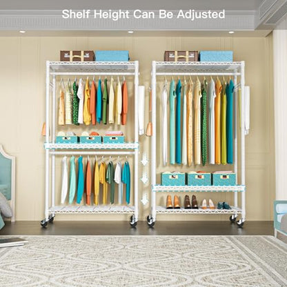 P1 Heavy Duty Garment Rack, 3 Tiers Adjustable Rolling Metal Closet | White Clothing Organizer with Lockable Wheels, Free-Standing Wardrobe with Double Hanger Rods and Hooks, Max Load 450lbs - color: White, size: P1