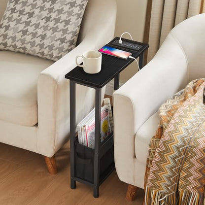 BAMGROW Slim Charging End Table with Storage - for Small Spaces and Bedroom (Black) - color: Black