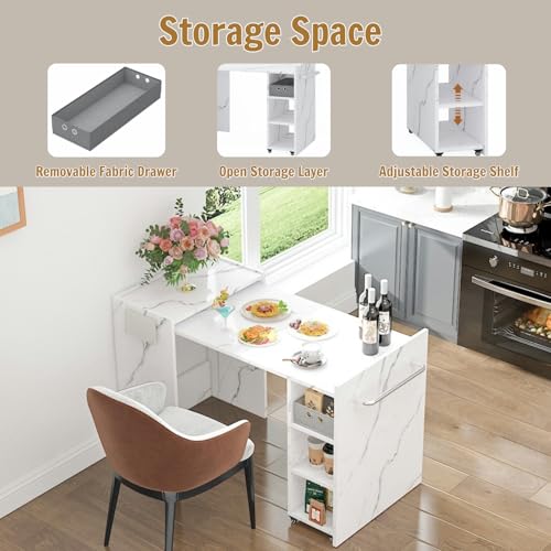 smilesun Folding Dining Table, Wall Mount Foldable Kitchen Table w/Fabric Drawer & Adjustable Storage Shelf, Space Saving Compact Expandable Pull Out Table for Small Spaces, White - color: White