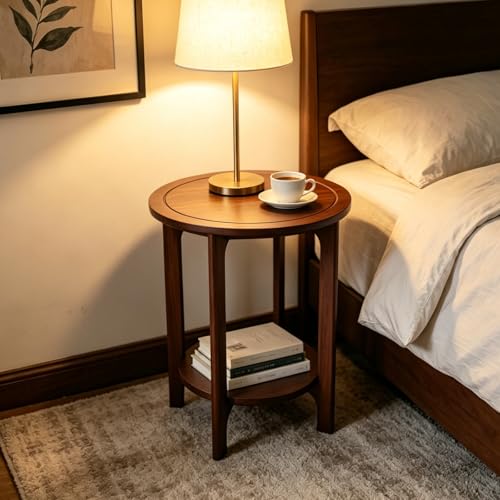 Solid Wood Round Side Table for Living Room, Bedroom | 2-Tier Wooden End Tables, Mid Century Modern Circular Nightstand Bedside Table, Easy Assembly (Walnut) - color: Walnut