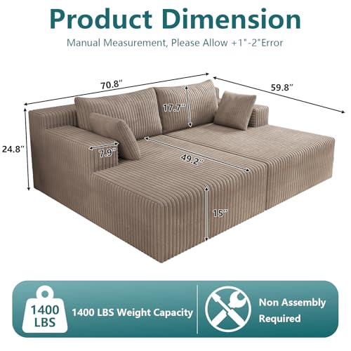 70.8" Oversized Double Chaise Lounge Indoor, Upholstered Deep Seat Cloud Couch Corduroy Lounge Chair, Modern Sofa Bed Loveseat Sleeper Chair for Living Room Bedroom Apartment, Camel - color: Camel, size: 70.8"
