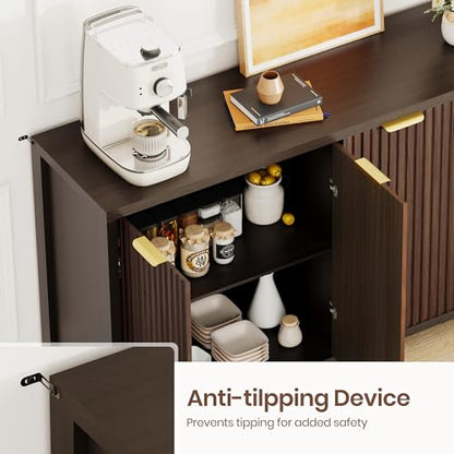 Fluted Buffet Cabinet with Storage, 55" Sideboard Cabinet with 4 Doors, Modern Credenza Accent Console Cabinet Coffee Bar Table for Living Room Dining Room Hallway, Dark Walnut - color: Dark Walnut