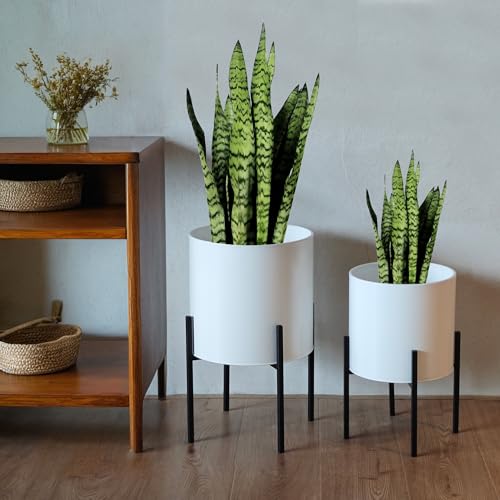 ARNIS Modern Plant Pots, Large Planters with Stand, Set of 2 Decorative Planters, Metal Pots with Drainage Holes for Living Room, Office, Garden or Balcony, 10.5 &12.25 Inch, White - color: White, size: 10.5 &12.25