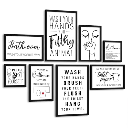 Faccito 8 Set Bathroom Wall Decor Funny Blacl and White Quotes Bathroom Wall Art Interesting Bad Smell Humorous Toilet Wooden Decoration Fun Wallart Signs Toilet Decor for Washroom - style: Interesting