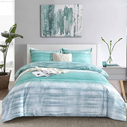 Nanko Queen Duvet Cover Set, Grey and Blue Teal Striped Print Pattern Microfiber Comforter Quilt Bedding Cover with Zip Ties - Modern Farmhouse Styly for Men and Women Teen, 3 Pcs Size 90 x 90 in Gray - color: Grey Blue Teal Green Striped, size: Queen