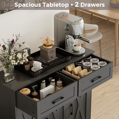 Homhedy Coffee Bar Storage Cabinet with Drawers, Kitchen Buffet Cabinet | Sideboard Cabinet with Doors, Farmhouse Buffet Cabinet, Adjustable Shelves, for Kitchen / Dining / Living Room, Black - color: Black