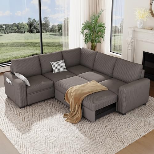 Vesgantti 88.4" Corduroy Sectional Sleeper Sofa with Pull Out Bed, Brown | 5 Seater Modular Couch with Storage, Comfy L Shaped Cloud Couches for Living Room, Bedroom, Apartment, Easy to Assemble - color: Brown-pinstripe Corduroy, size: 5 Seat Sleeper Sofa
