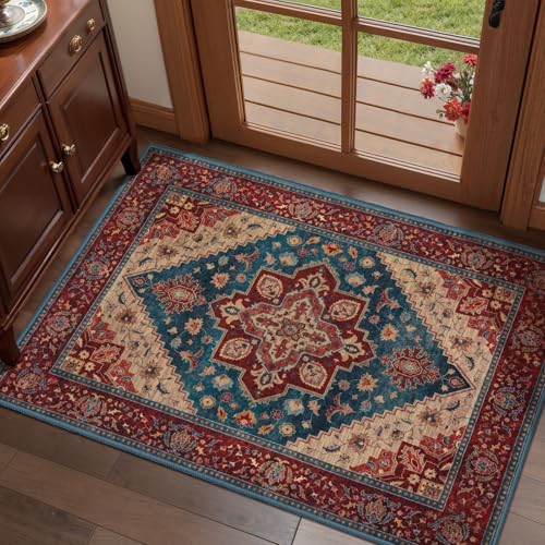 Tangsoo Oriental 2x3 Washable Rugs for Entryway Non Slip Small Rug Red Blue | Vintage Indoor Front Door Rug Mat, Boho Soft Low Pile Small Carpet, Accent Throw Rugs for Entry Entrance Kitchen Bedroom - color: Red/Blue, size: 2' X 3' (Rectangular)