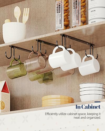 Luckinow Mug Hooks Under Cabinet 3 Pack, Metal Cup Hooks for Hanging Under Shelf, Mug Organizer Rack with 12 Hooks for Displaying Mugs, Coffee Cups and Kitchen Utensils, Black - color: Black