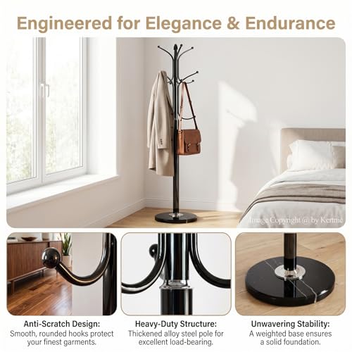 Kertnic Freestanding Coat Rack Stand, Heavy Duty Metal Hall Tree with 12 Hooks, 70 Inch Tall Stable Coat Hanger with 14.6" Natural Marble Base, Entryway Organizer for Coats Bags Hats Purses (Black) - color: Black