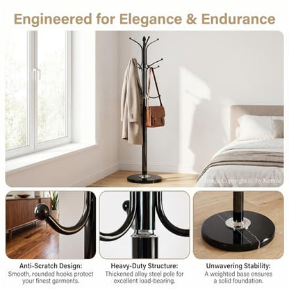 Kertnic Freestanding Coat Rack Stand, Heavy Duty Metal Hall Tree with 12 Hooks, 70 Inch Tall Stable Coat Hanger with 14.6" Natural Marble Base, Entryway Organizer for Coats Bags Hats Purses (Black) - color: Black