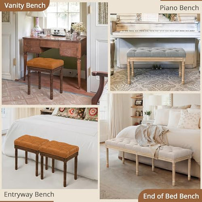 LUE BONA Upholstered Fabric Vanity Bench Seat, Makeup Stools for Vanity, Square Tufted Ottoman Bench with Carved Dark Brown Color Legs for Bedroom Living Room, Whiskey Brown - color: Whiskey Brown and Dark Brown