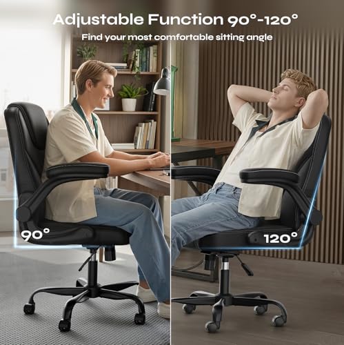 PU Leather Mid-Back Office Chair, Flip-Up Arms, 3.5" Dual-Layer Cushion | PU leather mid-back chair with 3.5" dual-layer cushion, flip-up armrests, swivel wheels, and pneumatic height adjustment - color: Black