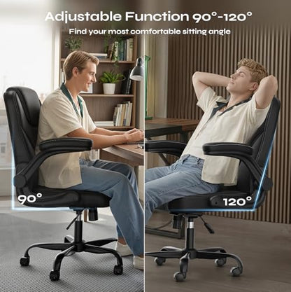 PU Leather Mid-Back Office Chair, Flip-Up Arms, 3.5" Dual-Layer Cushion | PU leather mid-back chair with 3.5" dual-layer cushion, flip-up armrests, swivel wheels, and pneumatic height adjustment - color: Black