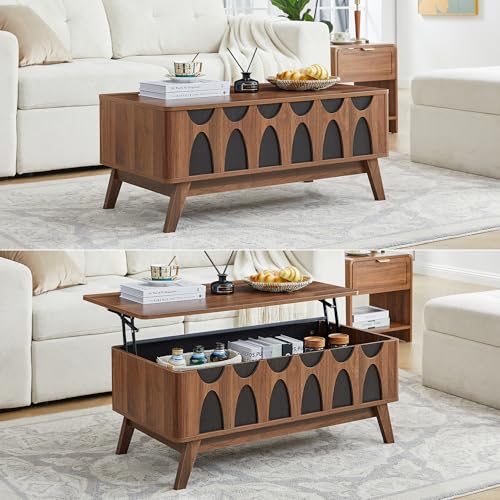 Bifins Coffee Table, Lift Top Coffee Table with Hidden Compartment | Mid Century Modern Coffee Table with Storage, Rectangular Center Table with Lift Tabletop for Living Room - color: Walnut and Black
