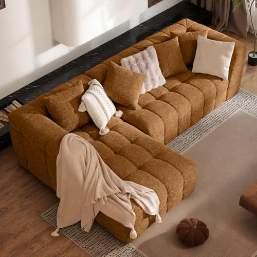 107" Boneless Couch with L - Shaped Chaise, Modern Chenille Modular Sectional Sofa with Tufted Design, Comfy Upholstered Sofa, No - Assembly Sectional Couch, Orange-Brown - color: Orange-brown