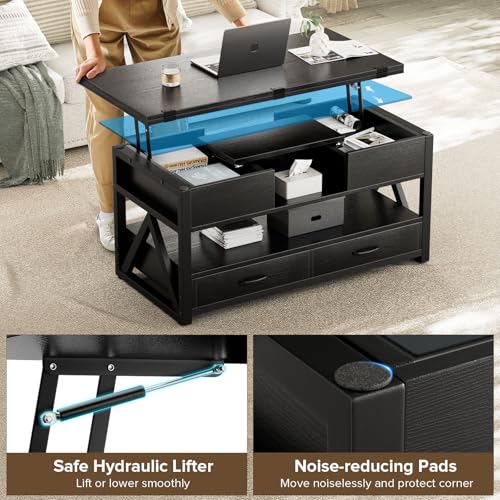 40" Lift Top Coffee Table with Storage,Black | 4 in 1 Multi-Function Lifting top Coffee Tables with Storage Drawers and Hidden Compartmen,for Living Room - color: Black