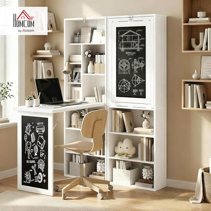 HOMCOM Foldable Convertible Writing Table Space-Saving Computer Desk White | Wall Mounted Design, Chalkboard, Storage Shelves, for Small Spaces, Home Office, Bedroom, Dorm, Apartment - color: White