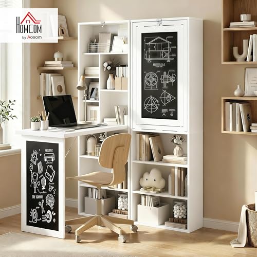 HOMCOM Foldable Convertible Writing Table Space-Saving Computer Desk White | Wall Mounted Design, Chalkboard, Storage Shelves, for Small Spaces, Home Office, Bedroom, Dorm, Apartment - color: White
