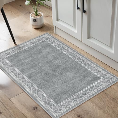 Lahome Modern Bordered Kitchen Rugs Non Slip, 2x3 Entryway Rugs Indoor Washable Ultra-Thin Indoor Door Mat, Soft Throw Carpet for Bathroom Bedroom Entry (2x3ft,Grey) - color: Light Grey, size: 2' x 3'