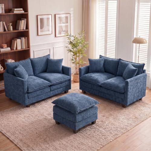 50'' Loveseat Sofa Set with Ottoman, Small Couch Set 2 Piece Cloud Love Seat 27" Deep Seat Washable Pillows Couches for Small Spaces Apartment Living Room, Blue - color: Blue, size: 50"+50"L