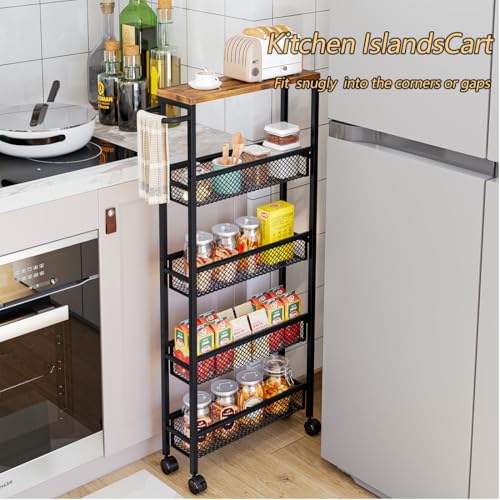 Slim Rolling Cart 5 Tier Narrow Storage Cart on Wheels with Handle | Lockable Wheels, Wood Top Panel, Metal Frame Utility Carts for Kitchen, Dining, Living, Home Office, Laundry Room - size: 16.38 x 5.12 x 39.17 inch