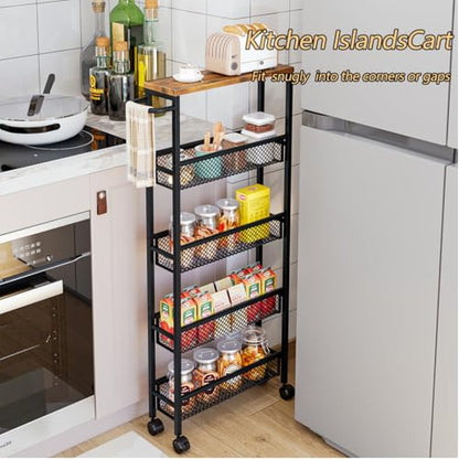 Slim Rolling Cart 5 Tier Narrow Storage Cart on Wheels with Handle | Lockable Wheels, Wood Top Panel, Metal Frame Utility Carts for Kitchen, Dining, Living, Home Office, Laundry Room - size: 16.38 x 5.12 x 39.17 inch