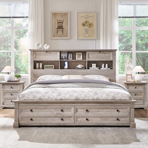Queen Size Bed Frame 2 Drawer & 4 Storage Rack Headboard Charging Station | Farmhouse 54"Tall Storage Headboard, 18"Roman Column Footboard,Wood Platform Bed Frame No Box Spring Needed(Light Rustic Oak) - color: Light Rustic Oak, size: Queen(U.S.Standard)