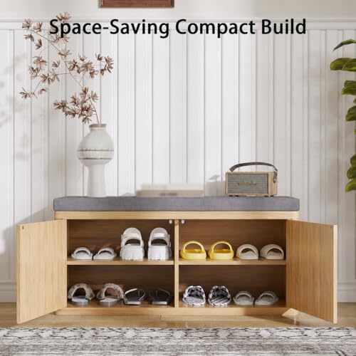 Shoe Cabinet Bench with Cushion,Double Layered Wooden Shoe Bench with Soft Cushion,Shoe Rack for Entryway,Bedroom,Living Room - color: 2 Door Oak Sturdy Shoe Bench