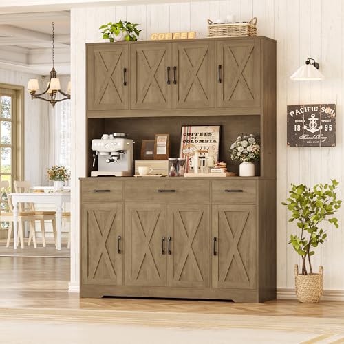 HOSTACK 71" Tall Kitchen Pantry Storage Cabinet, 55" W Kitchen Hutch, Brown | Large Pantry Cabinet with Charging Station / Countertop / 3 Drawers, Farmhouse Hutch Cabinet with Storage for Dining Room - color: Rustic Brown