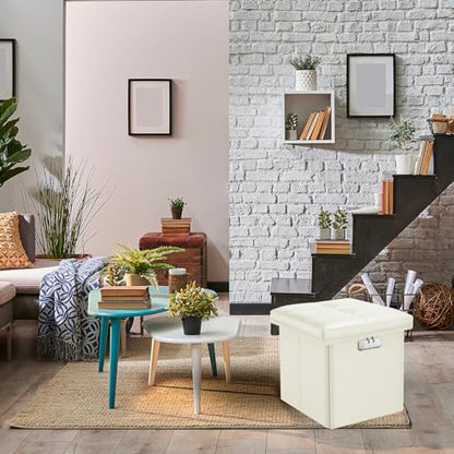 Tamfile Small Ottoman with Storage, 13 x 13 x 13 inch Fireproof Safe Folding Ottoman with Lock for Important Documents, Waterproof Foot Rest Stool with Storage, Ottoman Foot Rest with Handle, Beige
