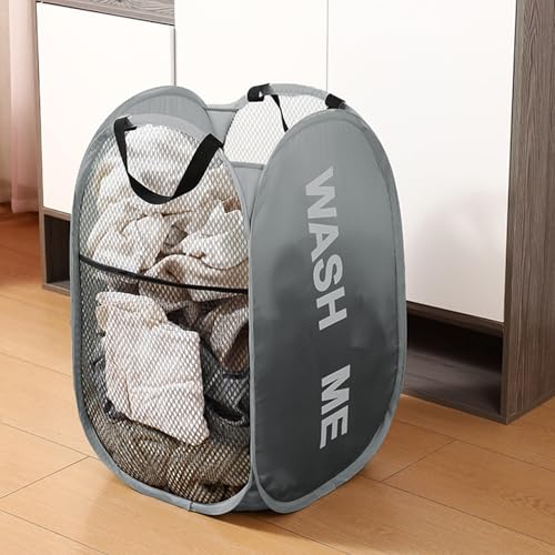 Collapsible Mesh Pop Up Laundry Hamper 2Pack Foldable Laundry Basket for clothing, stuffed animals, towels, for Laundry Room, Dorm, Apartment (Black+Grey) - color: Black + Grey