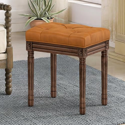 LUE BONA Upholstered Fabric Vanity Bench Seat, Makeup Stools for Vanity, Square Tufted Ottoman Bench with Carved Dark Brown Color Legs for Bedroom Living Room, Whiskey Brown - color: Whiskey Brown and Dark Brown