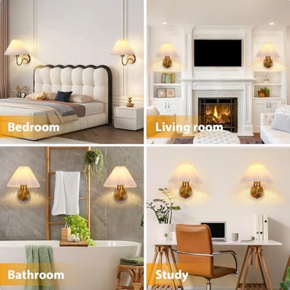 Gold Wall Sconces Sets of 2, Indoor Wall Light Fixtures with Fabric Lampshade, Pleated Fabric Wall Lamp Dresser Hardwired Lamp Wall Lighting Fixture for Bedroom Living Room Porch Dining Room | Wall Light Fixtures with Fabric Lampshade Dresser Hardwired La