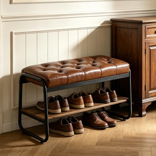 Forteek 32'' Tufted Shoe Bench, Entryway Bench with Shoe Storage Shelf | Upholstered Faux Leather Padded Seat & Metal Frame, Industrial Shoe Rack Bench for Hallway, Bedroom, Foyer(Brown) - color: Vintage Brown