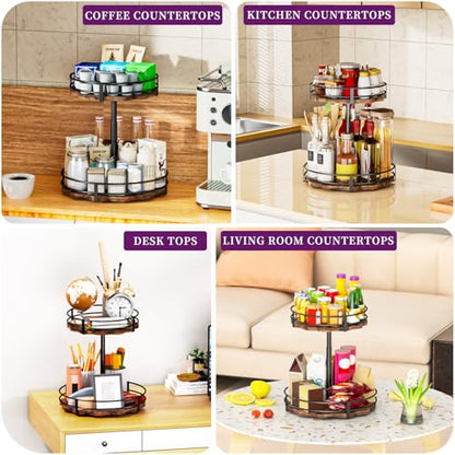 Heavy-Duty 2-Tier Lazy Susan Organizer, Adjustable to Different Heights, Countertop Spice Rack, Upgraded Thickened Wooden Board, Suitable for Seasoning Organizer, Kitchen Organization