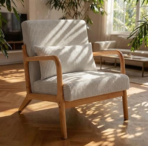 Mid Century Modern Accent Chair with Solid Rubberwood Frame, Comfy Corduroy Reading Armchair with Lumbar Pillow, Compact Lounge Chair for Bedroom, Living Room & Small Spaces, Ivory Cream - color: Ivory Cream (Corduroy + Natural Rubberwood), size: 1-Piece
